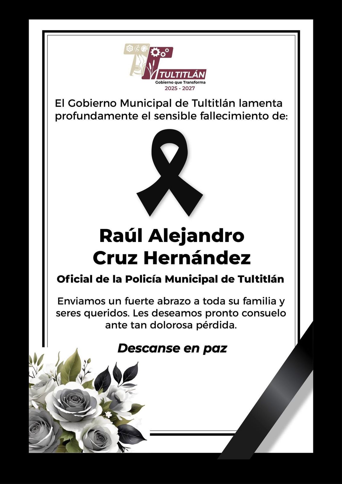 El Ayuntamiento de Tultitlán publicó en sus redes sociales una esquela para externar sus condolencias a la familia / Foto Especial